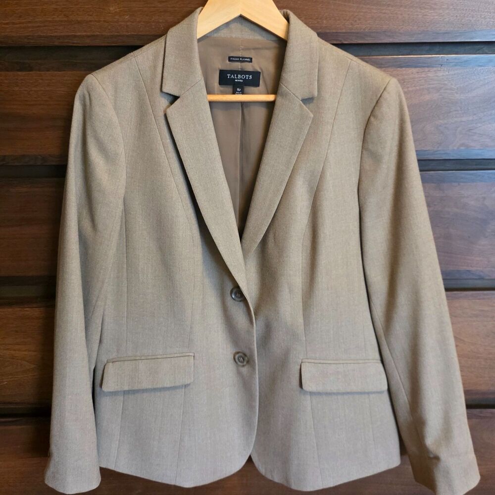 Talbots Blazer Italian Flannel Wool Neutral Camel Beige Jacket 16P Classic Chic